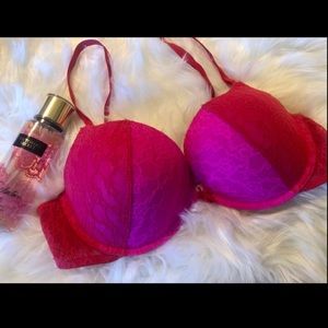 •VICTORIA’S SECRET DOUBLE DUTY LACE PINK & RED PUSH UP BRA•HARD 2 FIND 38C•